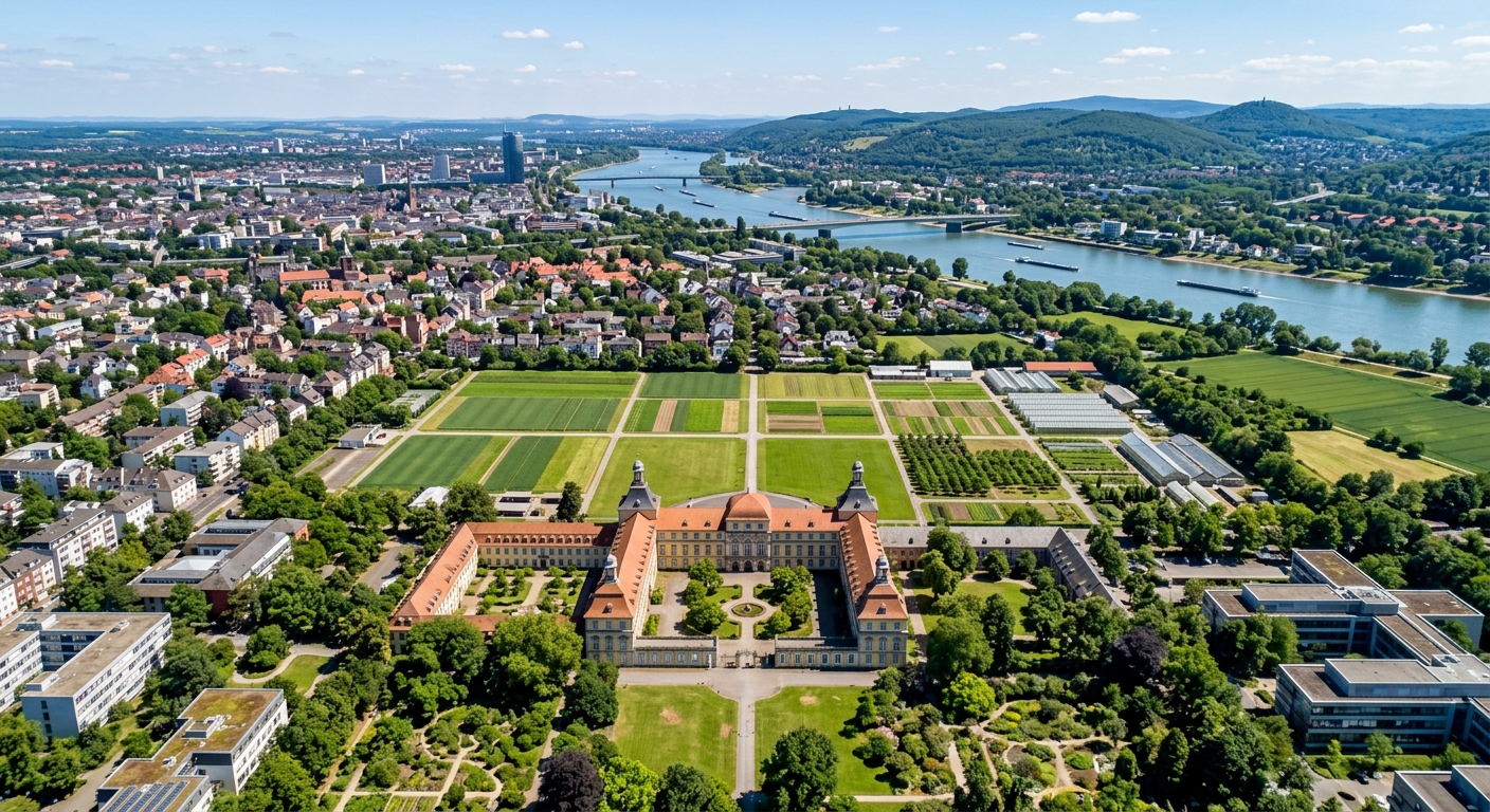 Aerial view of the University of Bonn Poppelsdorf campus with historic agricultural faculty buildings, green research fields, and the Rhine River in the background, set against a sunny German landscape
