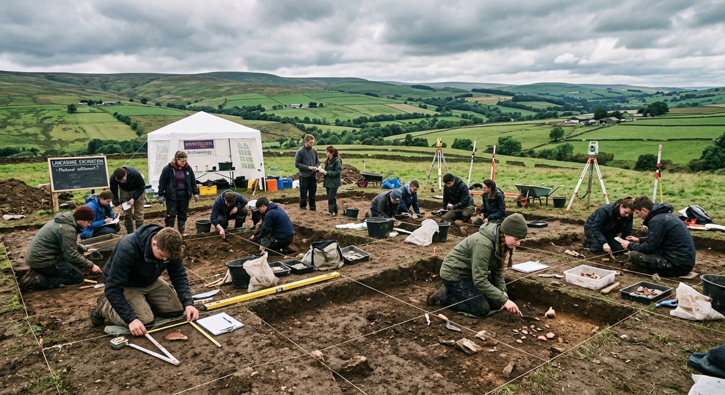 Archaeological excavation site in the English countryside with university students carefully digging and documenting finds, trowels and measuring tools visible, rolling green Lancashire hills in the background under overcast British sky