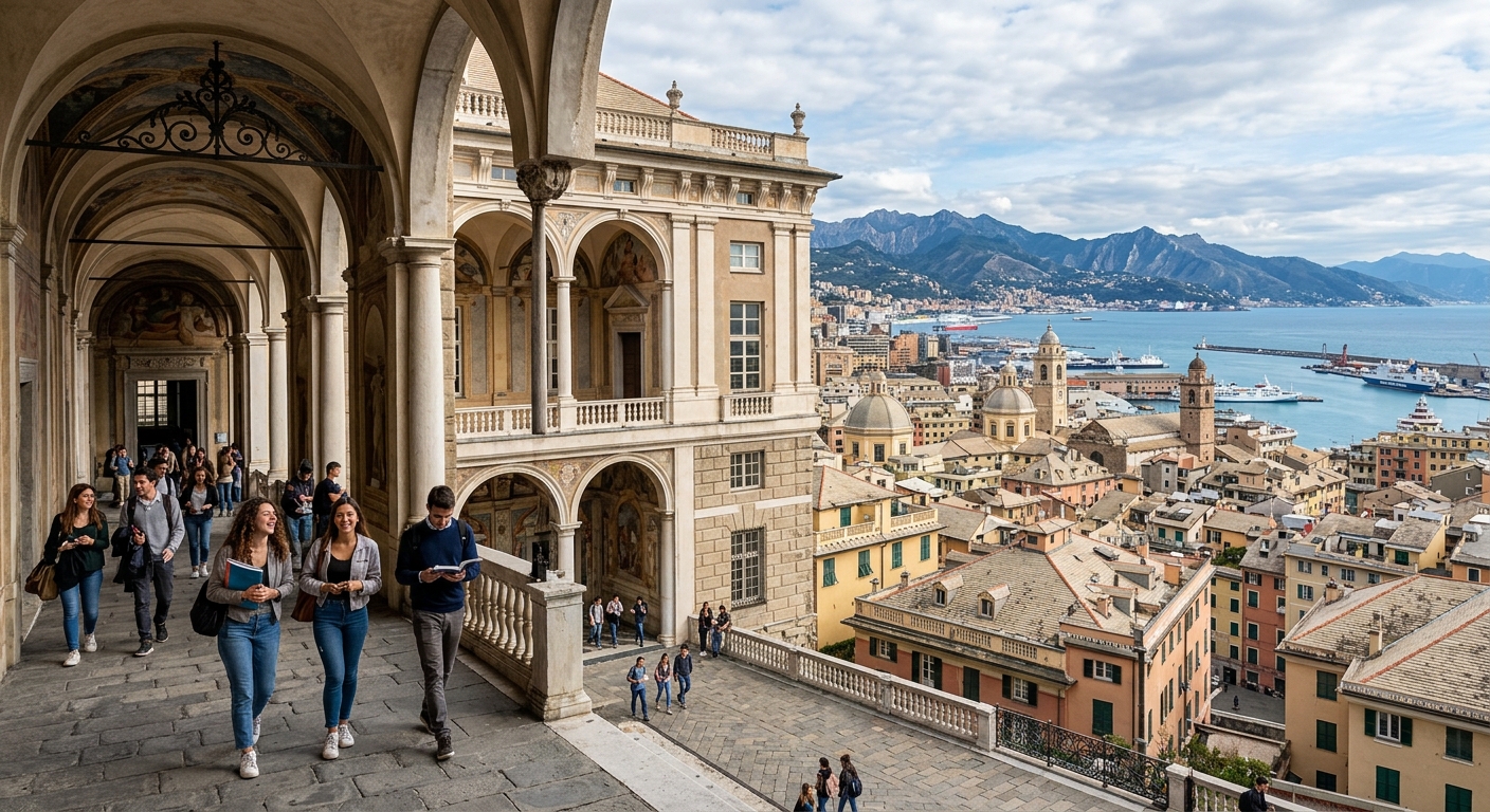 Historic University of Genoa Balbi campus building with classical Italian architecture, students walking through arched corridors, Mediterranean cityscape of Genoa visible in background with sea and mountains
