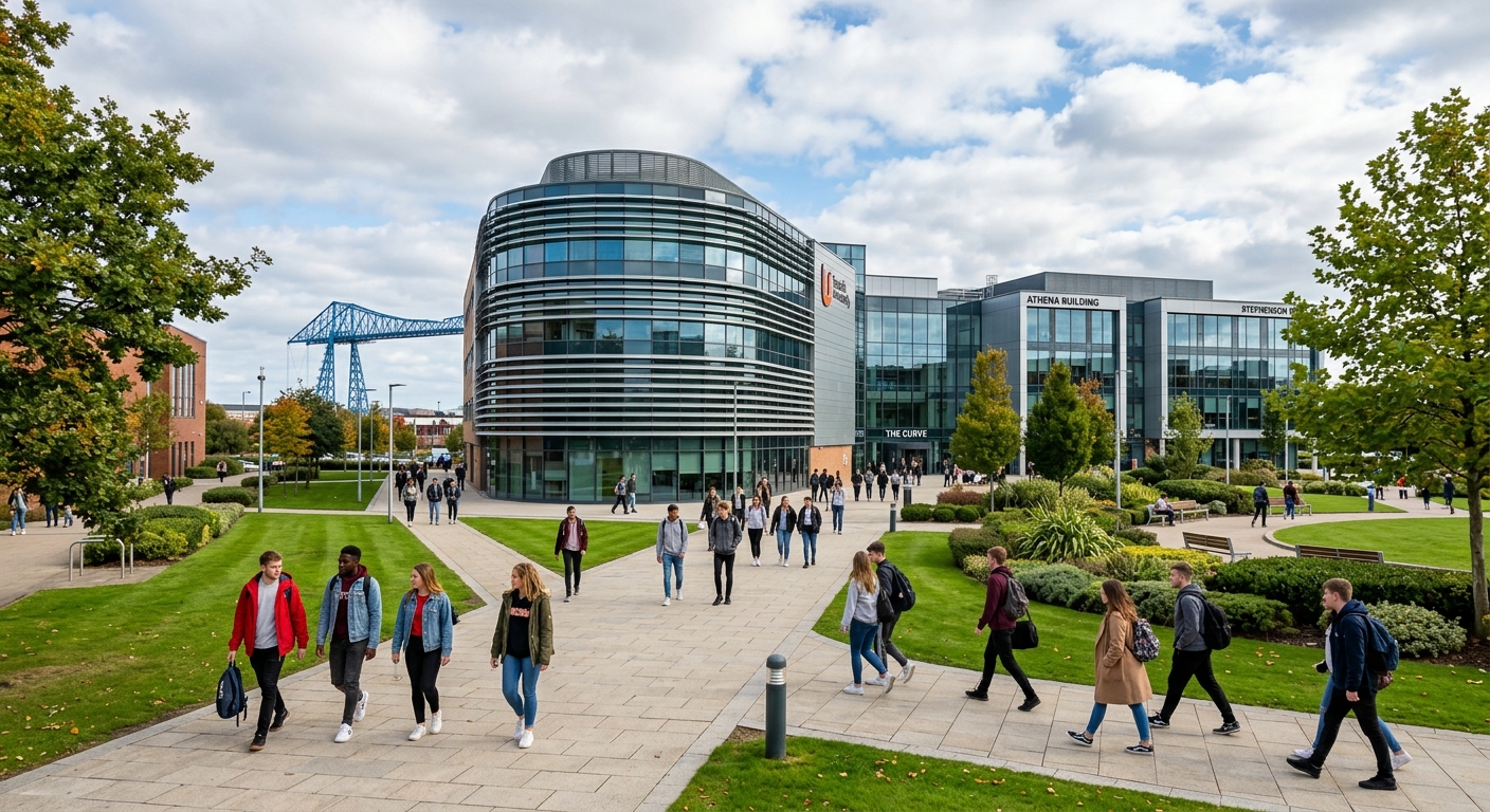 Modern Teesside University campus in Middlesbrough, North East England, with contemporary glass-fronted buildings, green landscaped areas, and students walking between lecture halls under a partly cloudy sky