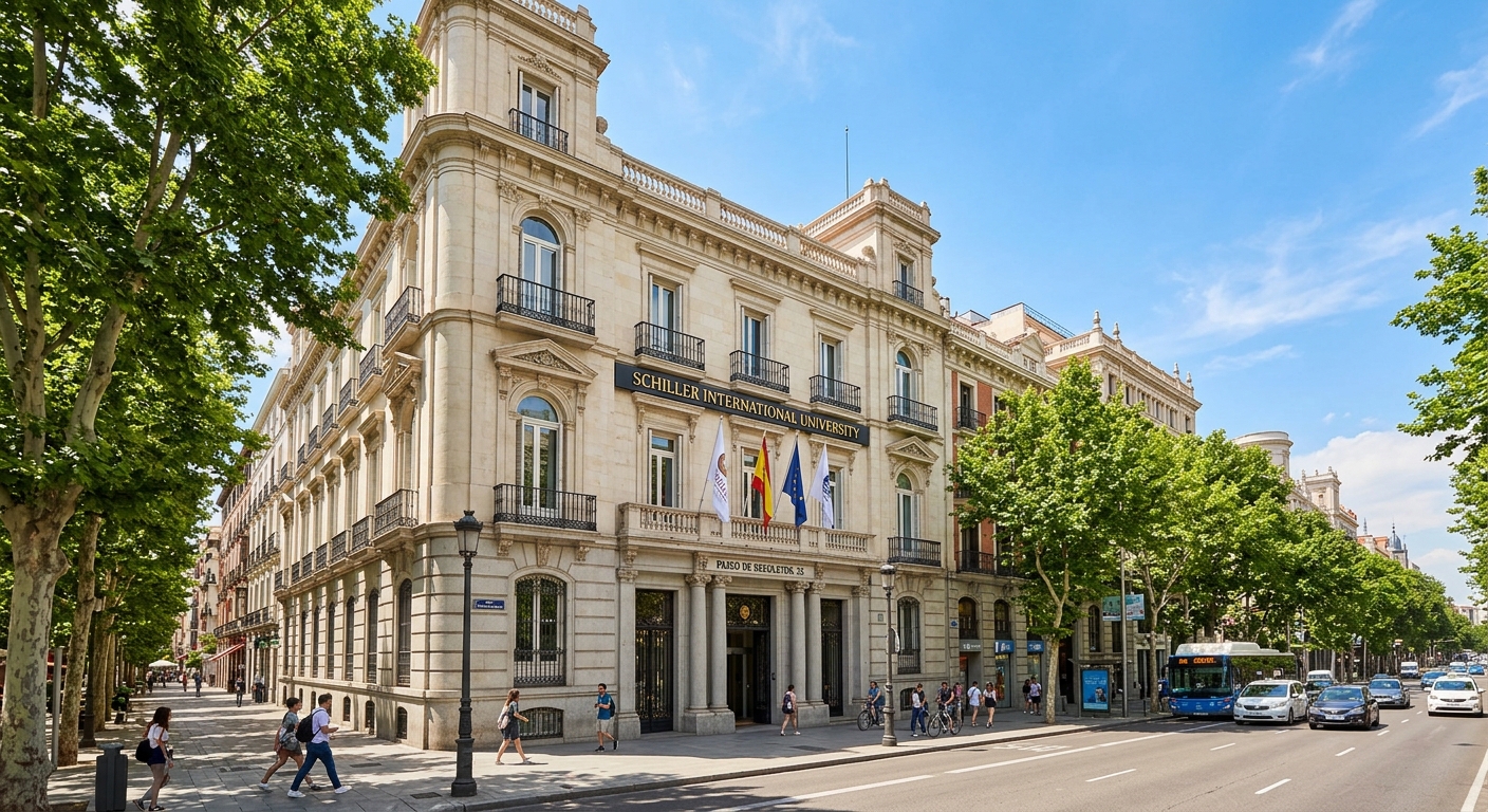 Schiller International University Madrid campus exterior, historic building on Paseo de Recoletos, tree-lined boulevard, classical European architecture, sunny day in central Madrid with blue sky