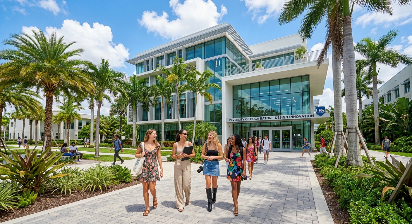 Modern university campus in Boca Raton Florida with palm trees, fashion students walking near a contemporary building, sunny tropical setting with blue sky