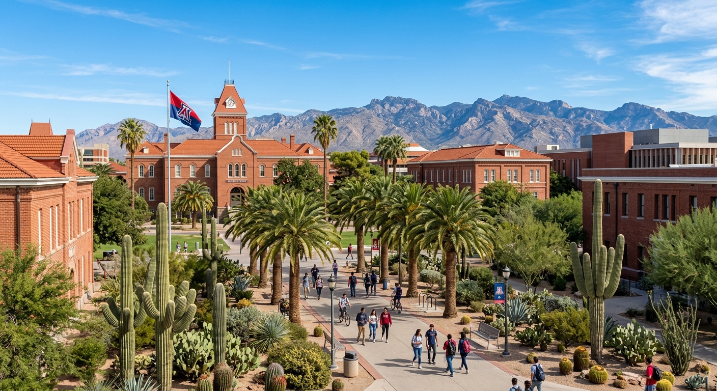 University of Arizona campus in Tucson with red brick buildings surrounded by desert landscape, saguaro cacti, and mountain ranges under a bright blue sky, students walking through palm-lined pathways
