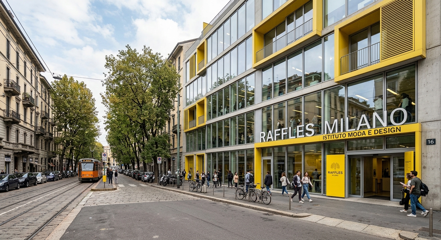 Raffles Milano Istituto Moda e Design campus building on Via Felice Casati in Milan, modern glass facade with yellow institutional accents, Porta Venezia design district, urban Italian streetscape with trees