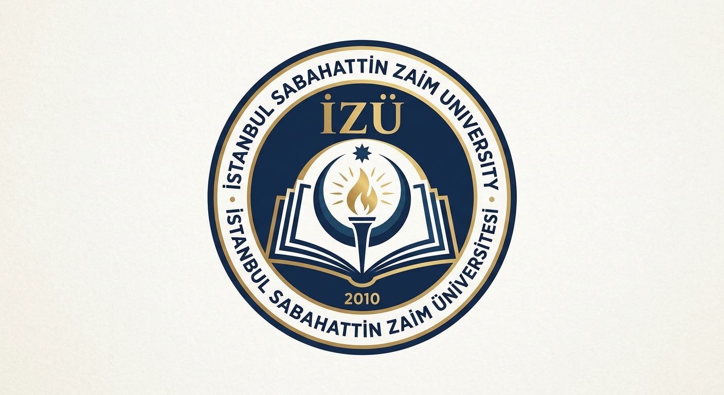 Istanbul Sabahattin Zaim University official logo, dark blue and gold emblem featuring stylized open book and crescent design with IZU initials