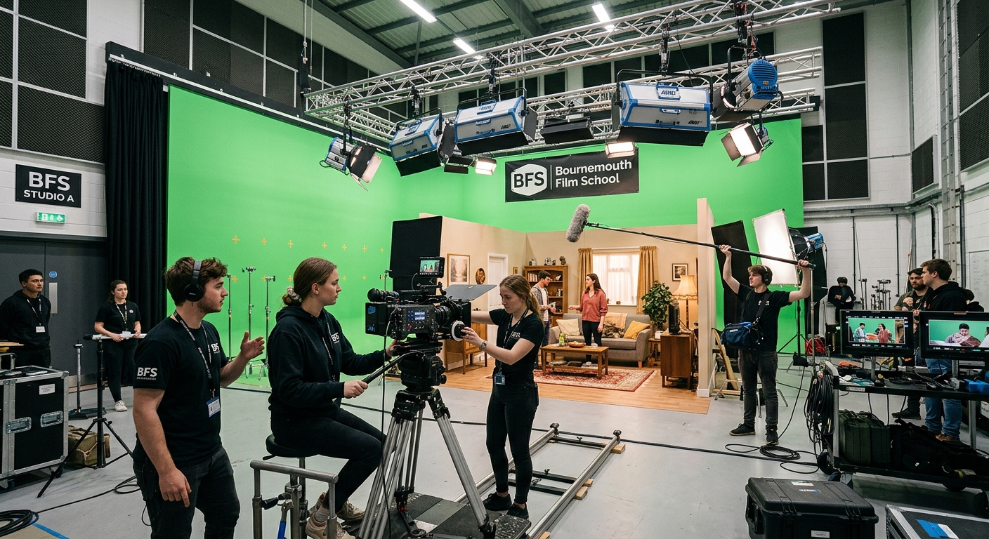 Film production studio at Bournemouth Film School with professional lighting rigs, cameras on tripods, green screen backdrop, and students working on a film set