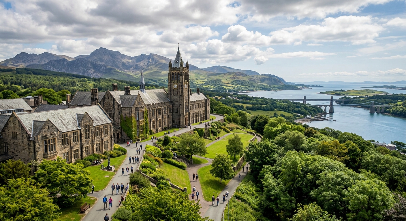 Bangor University historic stone buildings nestled between Snowdonia mountains and Menai Strait coastline in North Wales, with green campus grounds and students walking between lecture halls under a partly cloudy sky