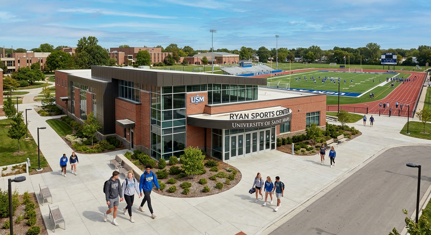 University of Saint Mary Ryan Sports Center exterior, modern athletic facility, outdoor fields visible in background, students walking nearby