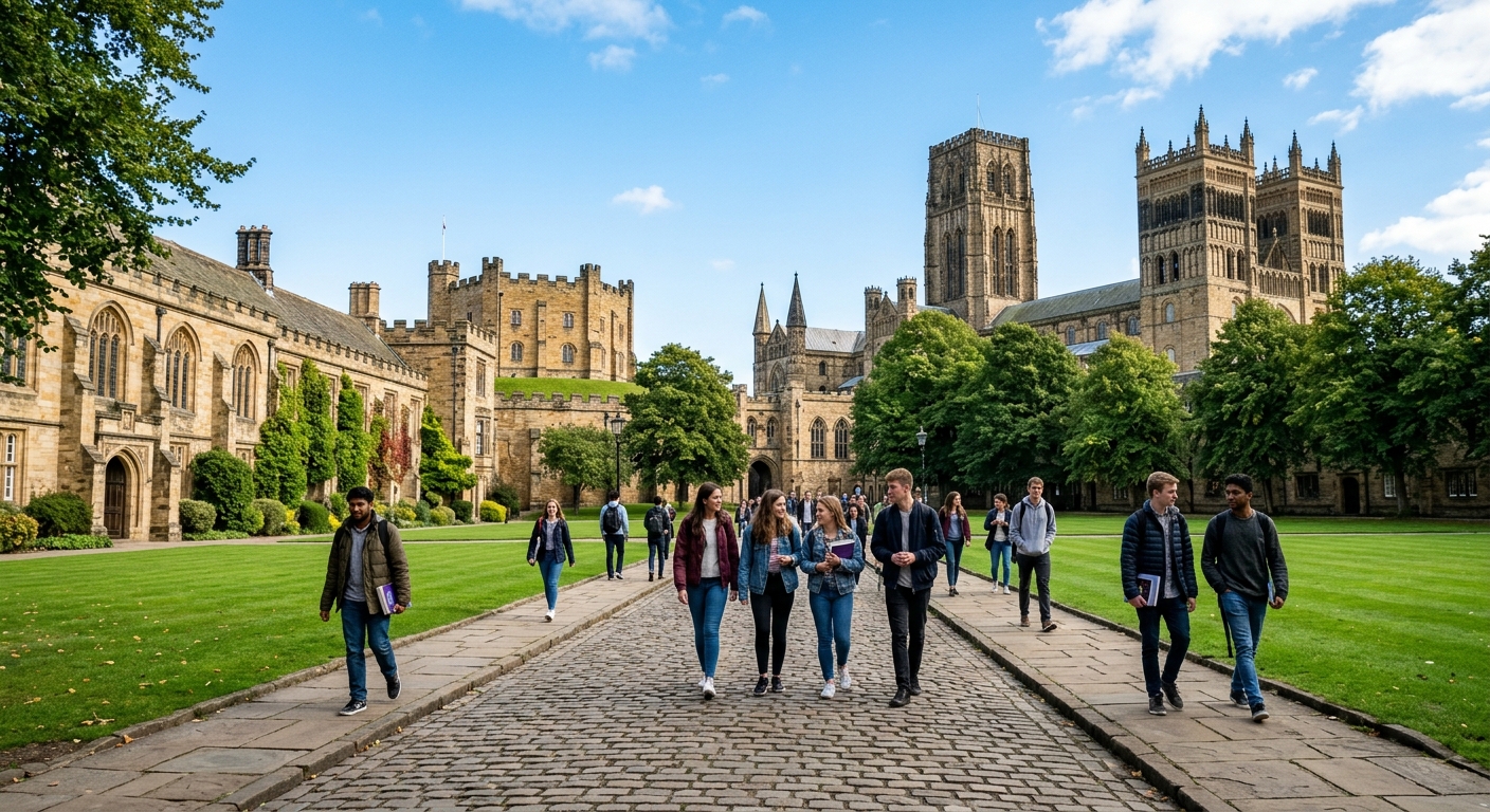 Historic Durham University campus with Durham Cathedral and castle in the background, students walking across cobblestone paths surrounded by medieval architecture and lush green courtyards under a clear sky