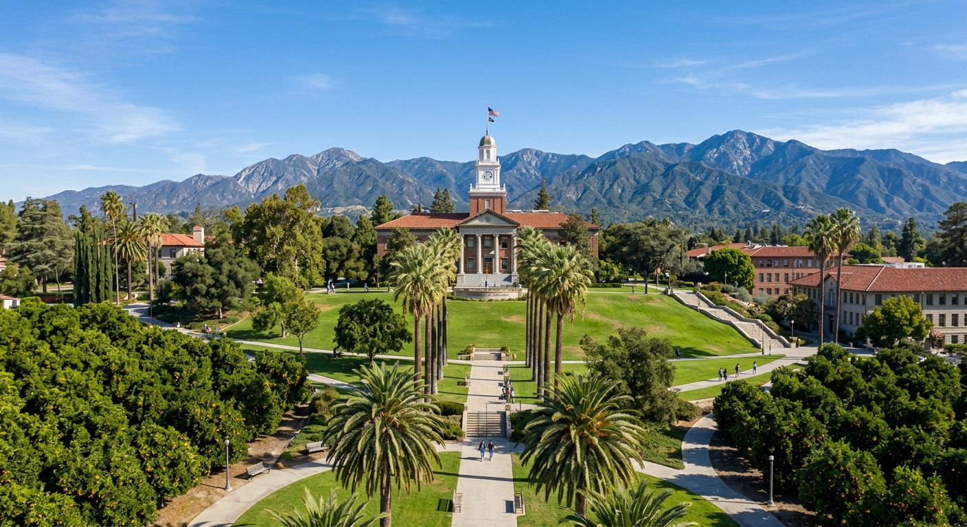 University of Redlands campus wide shot featuring the historic Administration Building on a hilltop, surrounded by lush green lawns, palm trees, and orange groves, with the San Bernardino Mountains in the background under a clear blue California sky