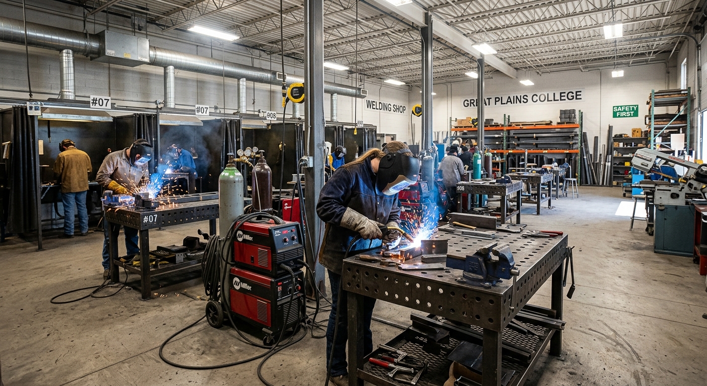 Great Plains College welding workshop interior, students in protective gear working at welding stations, industrial equipment, bright overhead lighting