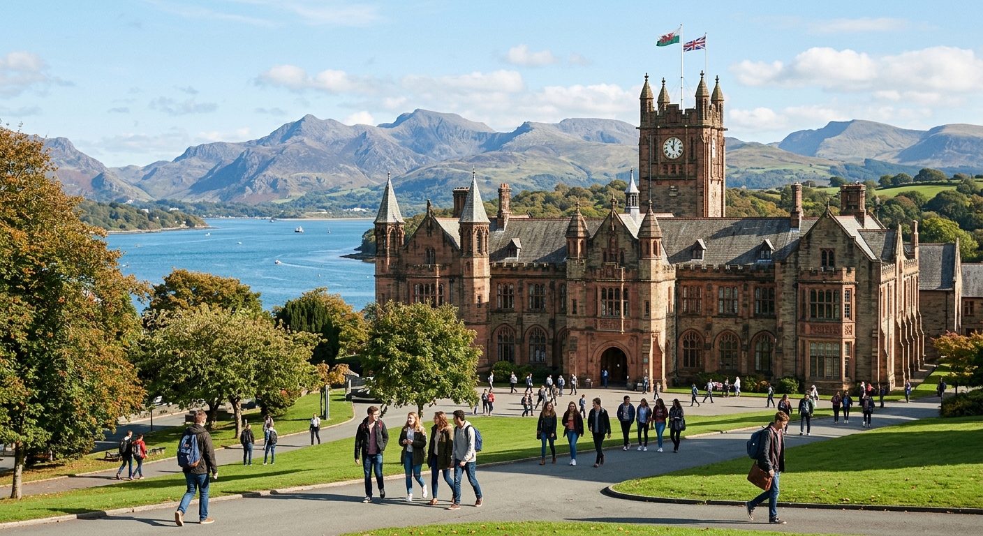 Bangor University main arts building with Gothic architecture, set against the backdrop of Snowdonia mountains and the Menai Strait in North Wales, students walking across the campus grounds on a clear day
