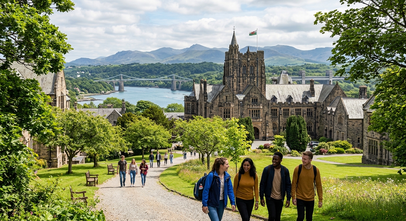 Bangor University campus with lush green grounds, historic stone buildings set against the backdrop of Snowdonia mountains and the Menai Strait, students walking along tree-lined paths in North Wales
