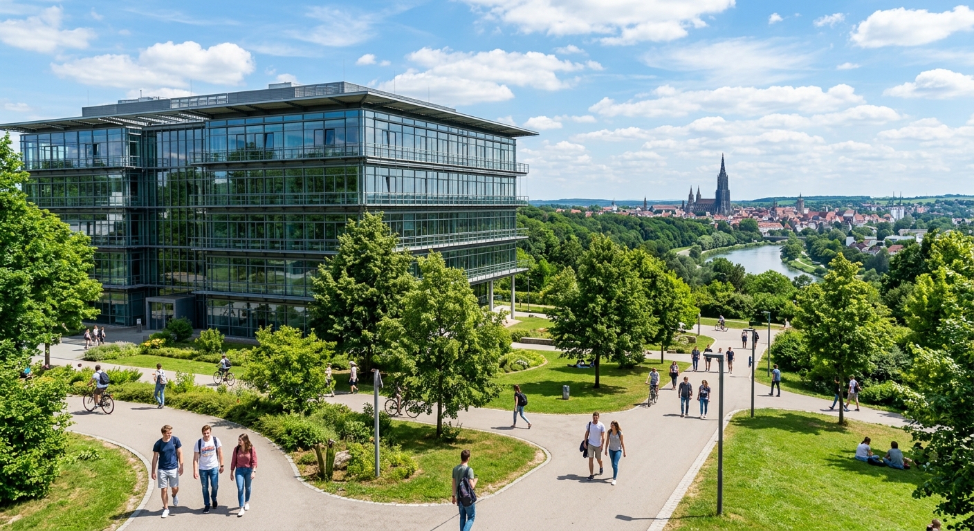 Modern University of Ulm campus building with glass facade surrounded by green parkland, students walking along pathways, Ulm cityscape and Danube river visible in the background, bright sunny day in southern Germany