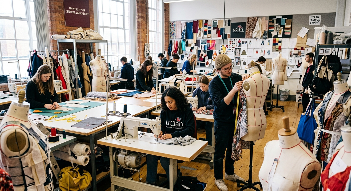Fashion design studio at University of Central Lancashire with students working on garments, sewing machines, dress forms with draped fabrics, colorful textile swatches on the wall, bright creative workspace with natural light