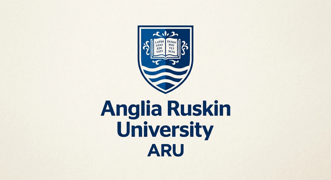 Anglia Ruskin University ARU official logo, blue and white shield crest with university name text