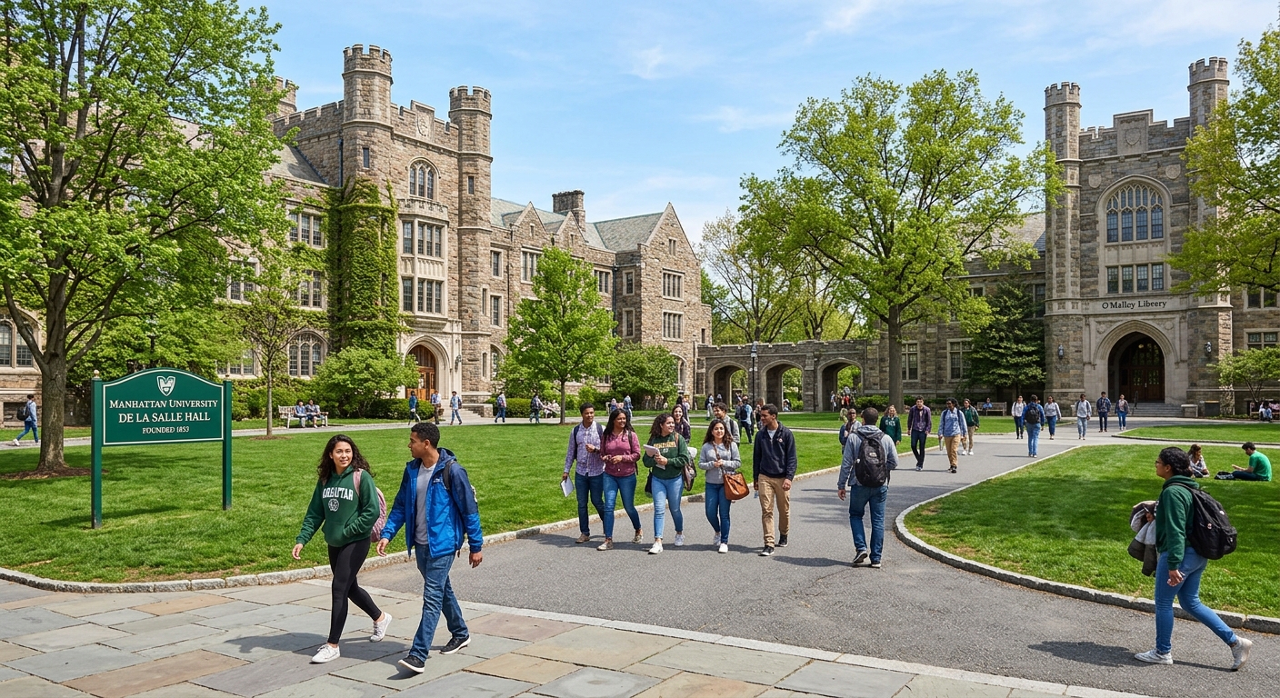 Manhattan University Quad area with students walking between historic stone academic buildings, green lawns, and mature trees on a sunny day