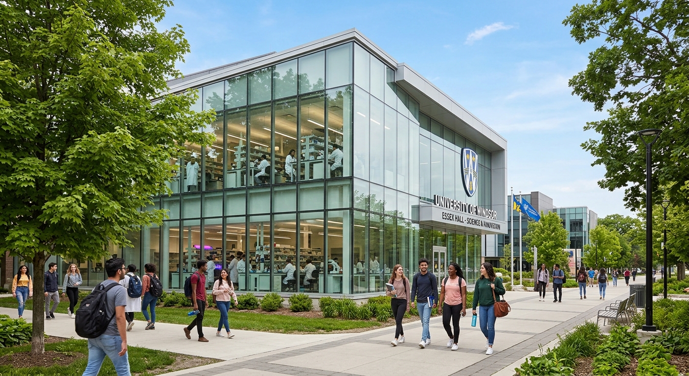 University of Windsor campus in Ontario Canada, modern science building with glass facade, students walking along tree-lined pathways, clear sky, biomedical laboratory visible through windows