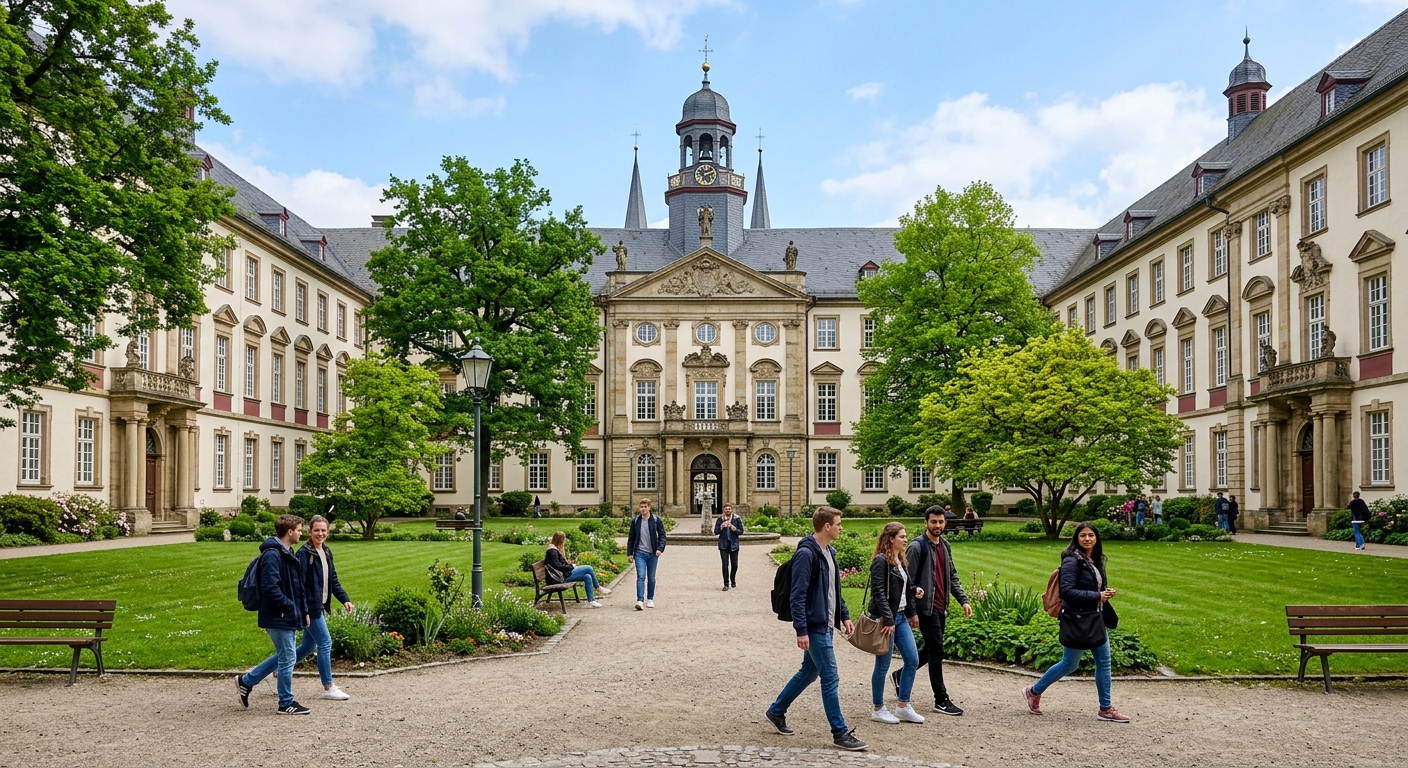 Historic baroque castle building of University of Osnabrück main campus, with green courtyard and students walking along pathways, Lower Saxony Germany