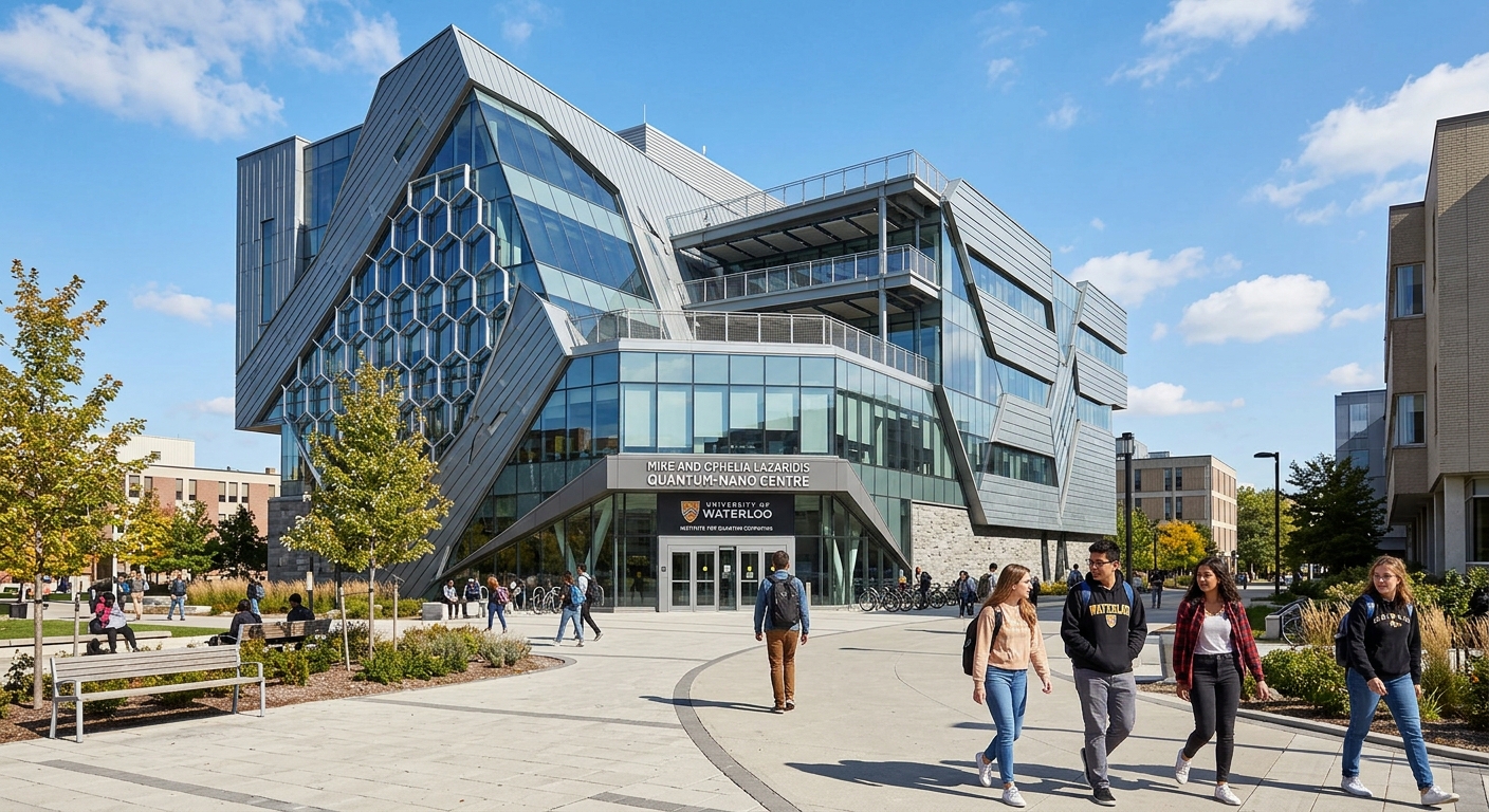 Mike and Ophelia Lazaridis Quantum-Nano Centre at University of Waterloo, modern glass and steel building, geometric architecture, sunny day with students walking