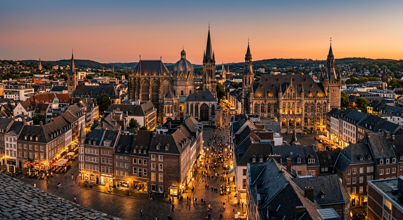 Aachen city skyline featuring the iconic Aachen Cathedral (UNESCO World Heritage Site), medieval Gothic city hall, cobblestone streets, European architecture, warm evening light, border city atmosphere