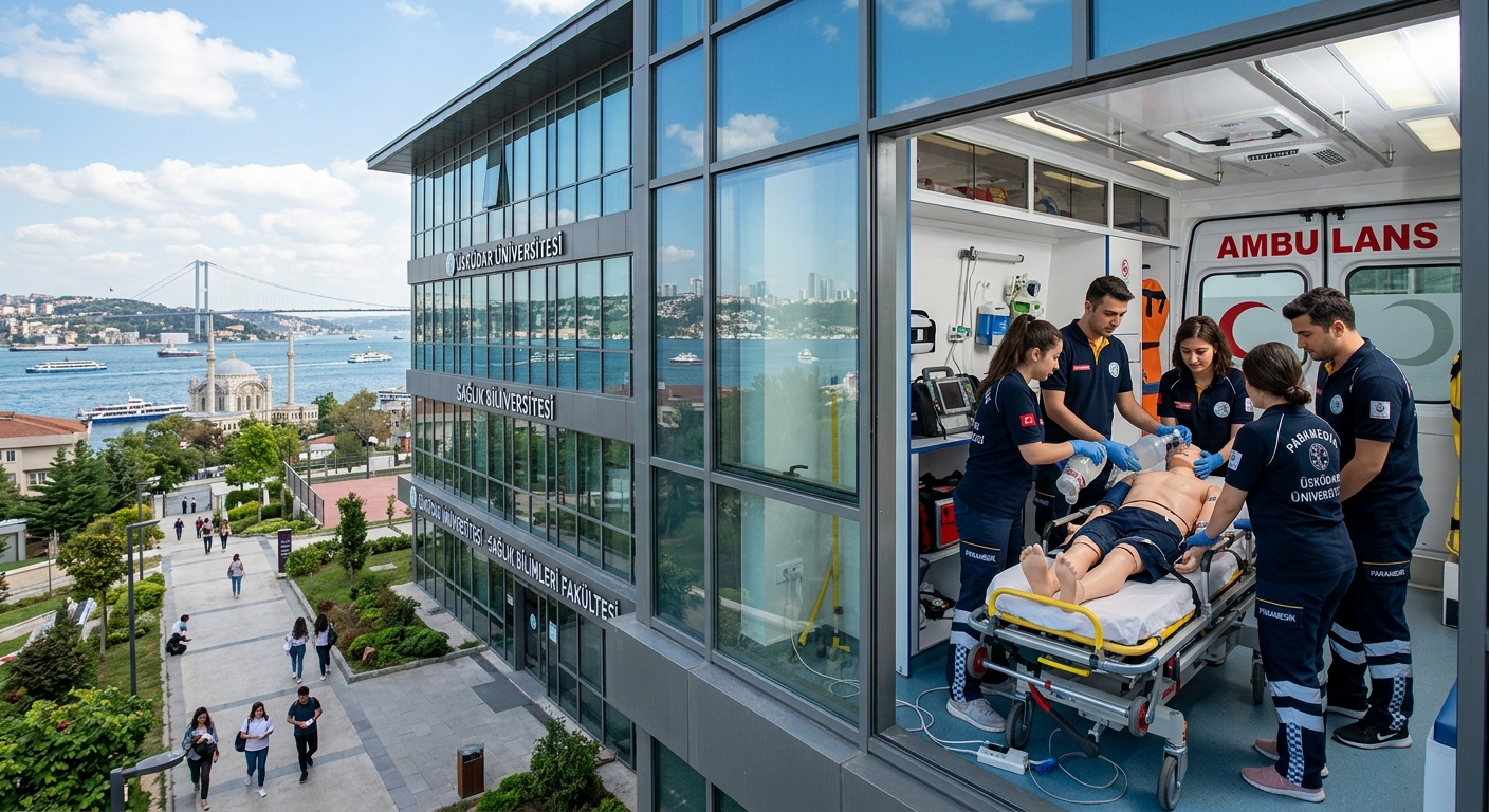 Üsküdar University campus in Istanbul with modern health sciences building, ambulance simulation lab visible through large windows, students in paramedic uniforms practicing on medical mannequins, Bosphorus visible in background