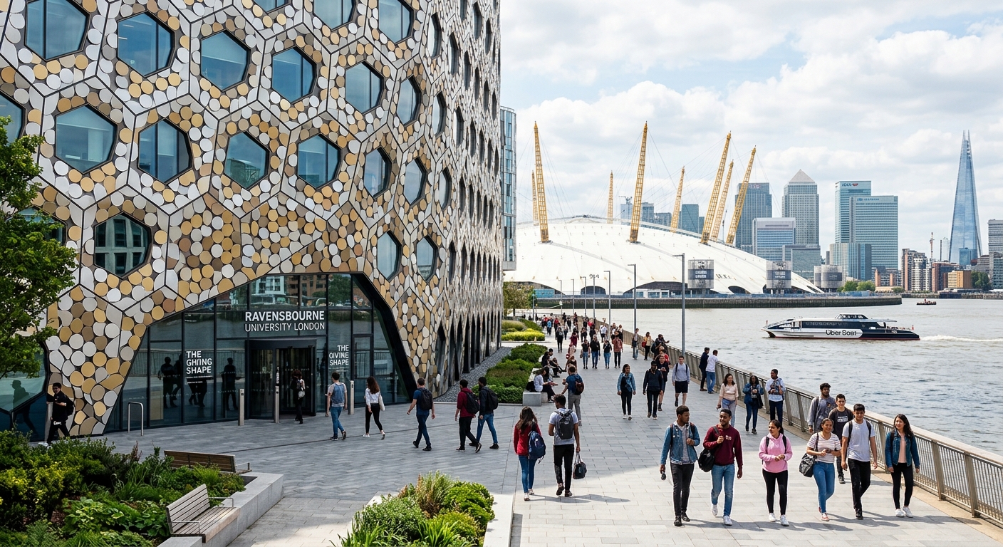 Modern Ravensbourne University London campus building on Greenwich Peninsula with geometric tessellated facade, students walking near the O2 Arena, bright London skyline in background