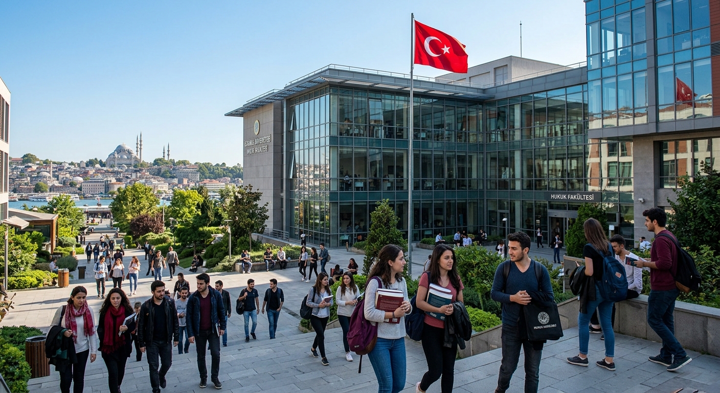 Modern university campus building in Istanbul with glass facade, law students walking through courtyard, Turkish flag visible, clear blue sky, urban cityscape in background