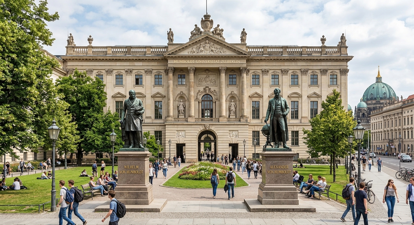Humboldt University Campus Mitte main building on Unter den Linden, baroque palace architecture, green courtyard with students, statues of Humboldt brothers at entrance, historic Berlin center