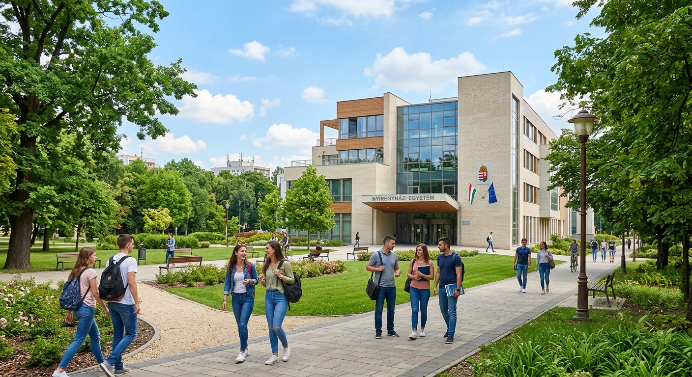 Modern university campus building in Nyíregyháza Hungary with green parkland surroundings, students walking along pathways, European architectural style, sunny day with blue sky