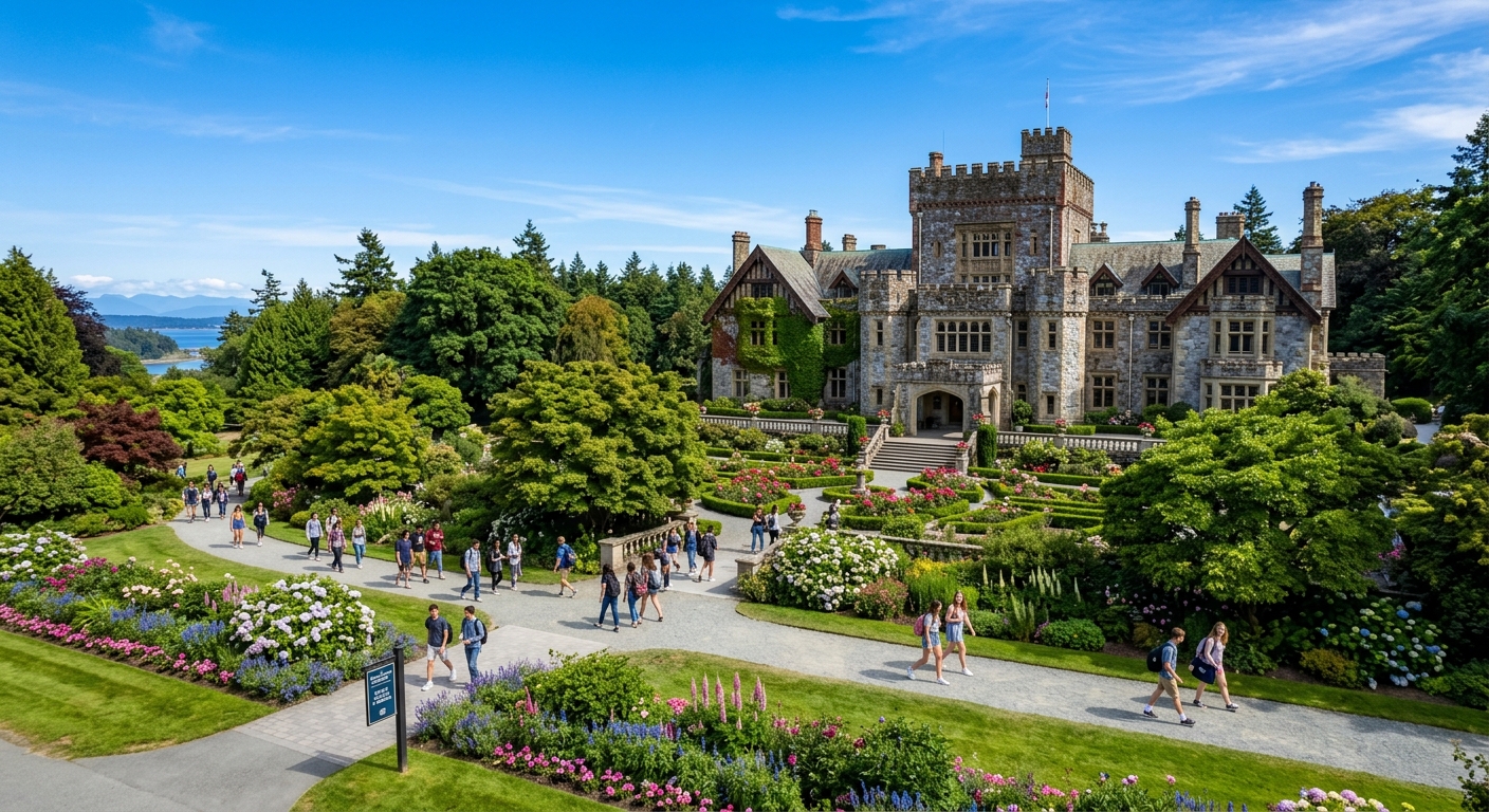 Historic Hatley Castle at Royal Roads University campus in Colwood, British Columbia, surrounded by lush gardens and mature trees, with students walking along pathways under clear blue skies on Vancouver Island