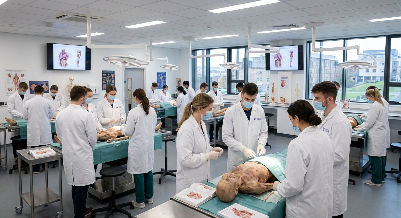 University of Dundee Centre for Anatomy and Human Identification dissection laboratory with Thiel-embalmed cadavers, modern anatomy teaching facility, students in white coats studying human anatomy, bright clinical lighting, Scotland campus setting