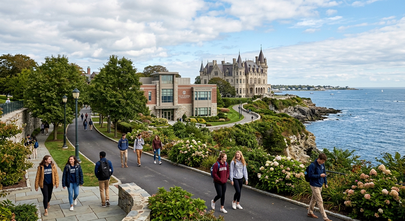 Historic Salve Regina University campus in Newport Rhode Island with oceanfront Gothic Revival architecture, science laboratory building, students walking along tree-lined pathways with Atlantic Ocean views in the background