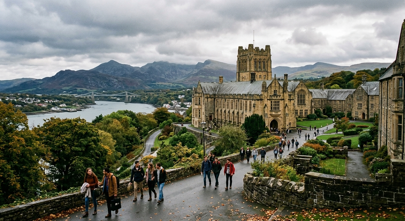 Historic Bangor University campus with stone buildings nestled between Snowdonia mountains and the Menai Strait in North Wales, students walking along tree-lined paths under overcast skies