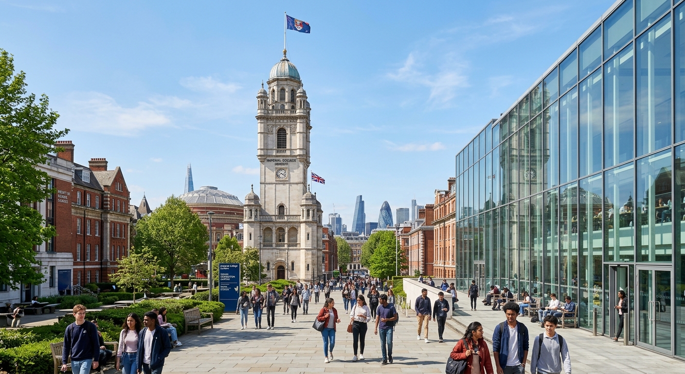 Imperial College London South Kensington campus with the iconic Queen's Tower, modern glass buildings, students walking through the campus courtyard on a sunny day, London cityscape in the background