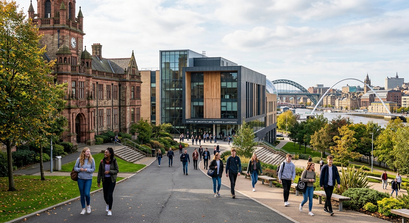 Newcastle University campus with historic stone buildings and modern architecture, students walking through tree-lined paths, the School of Architecture Planning and Landscape building visible, urban cityscape of Newcastle upon Tyne in the background