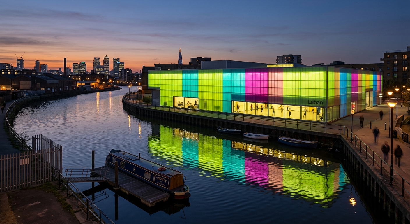 The Laban Building in Deptford designed by Herzog and de Meuron, contemporary translucent polycarbonate facade in lime green, turquoise and magenta tones, reflecting light at dusk along Deptford Creek