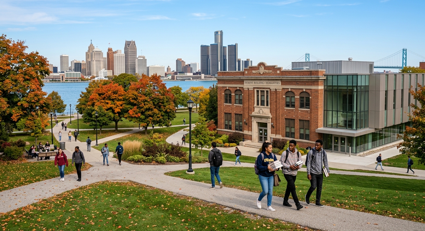 University of Windsor campus in Ontario Canada, historic brick buildings with modern additions, green lawns with walking paths, students carrying books near the humanities building, autumn trees, Detroit River visible in the background