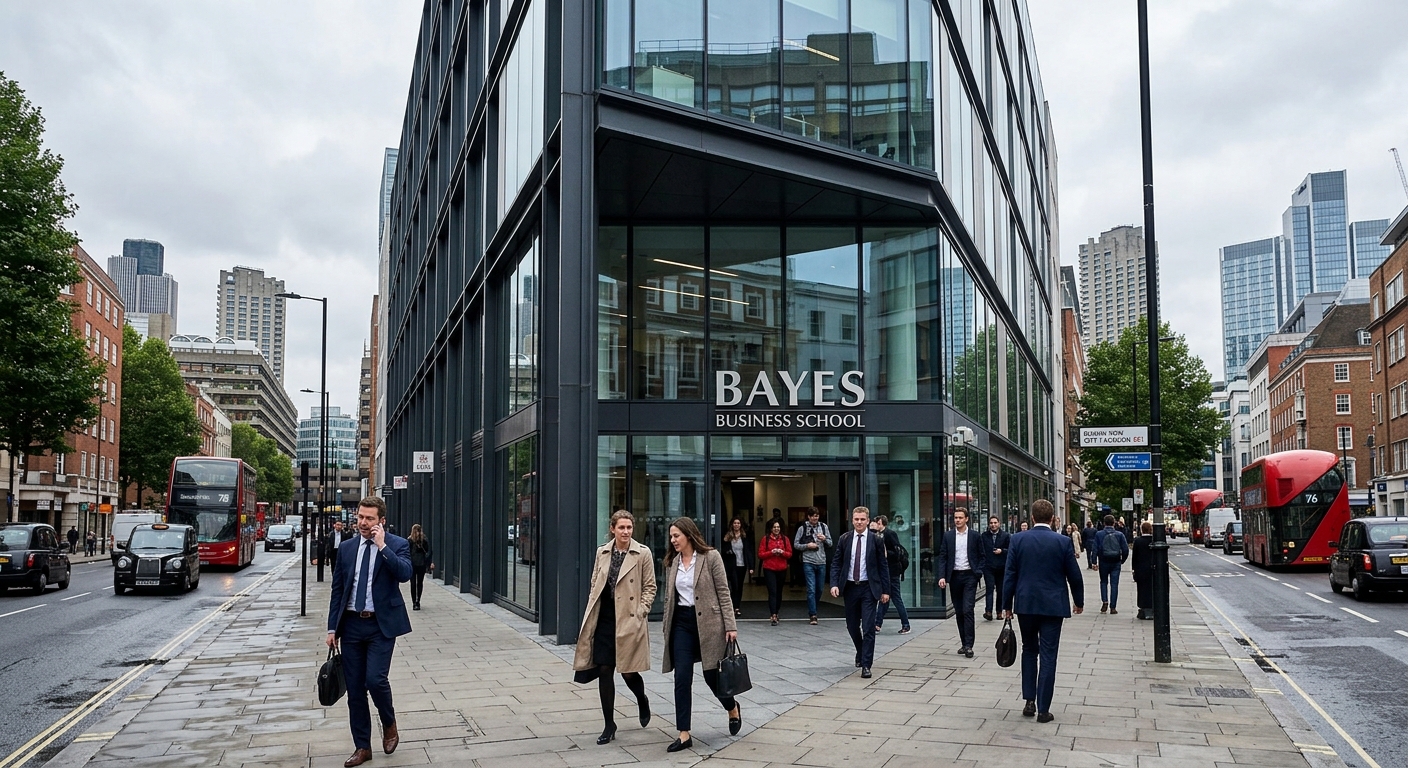 Bayes Business School modern building exterior on Bunhill Row in London, glass and steel facade, urban setting near the City of London financial district, overcast sky with professionals walking nearby