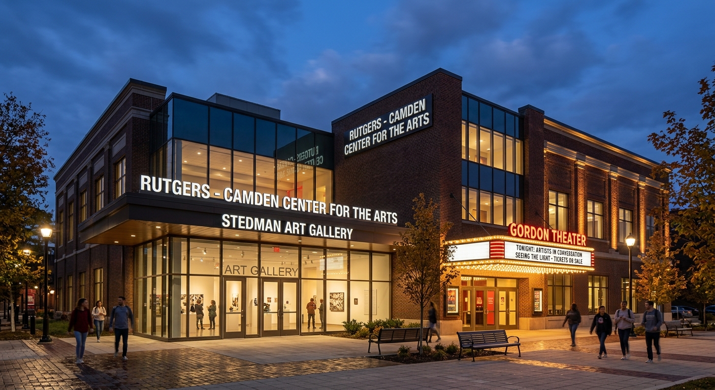 Rutgers Camden Center for the Arts building exterior showing Stedman Art Gallery entrance and Gordon Theater marquee, evening lighting