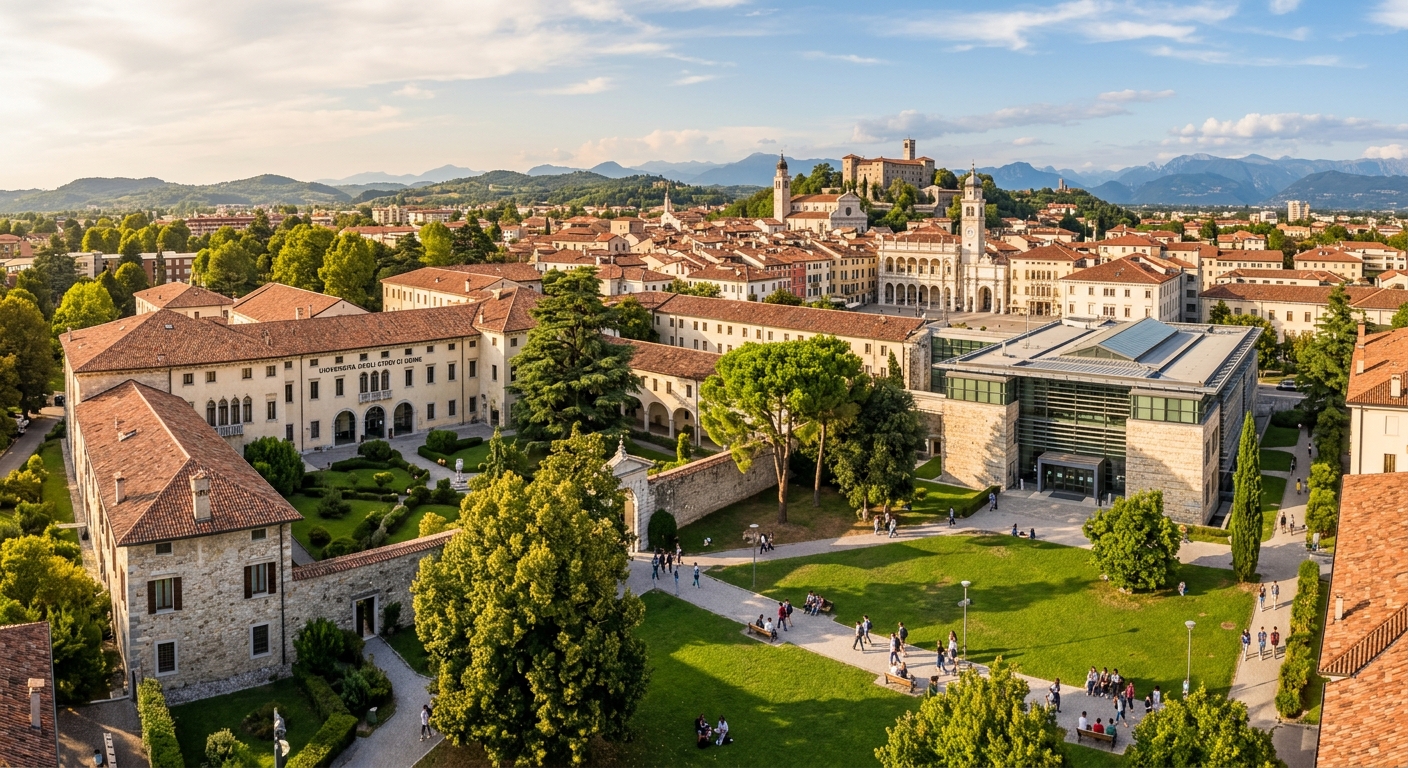 University of Udine main campus wide shot, historic Italian architecture mixed with modern university buildings, Piazza Libertà visible in background, green courtyards, warm Mediterranean sunlight, Friuli Venezia Giulia region