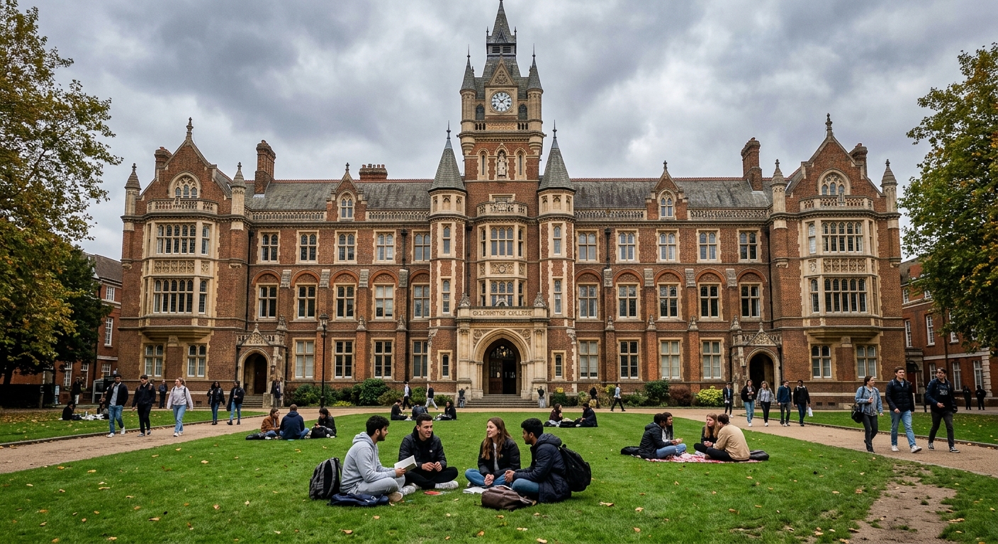 Richard Hoggart Building at Goldsmiths University, grand Victorian Gothic architecture with ornate stonework, green lawn in foreground, students sitting on grass, overcast sky
