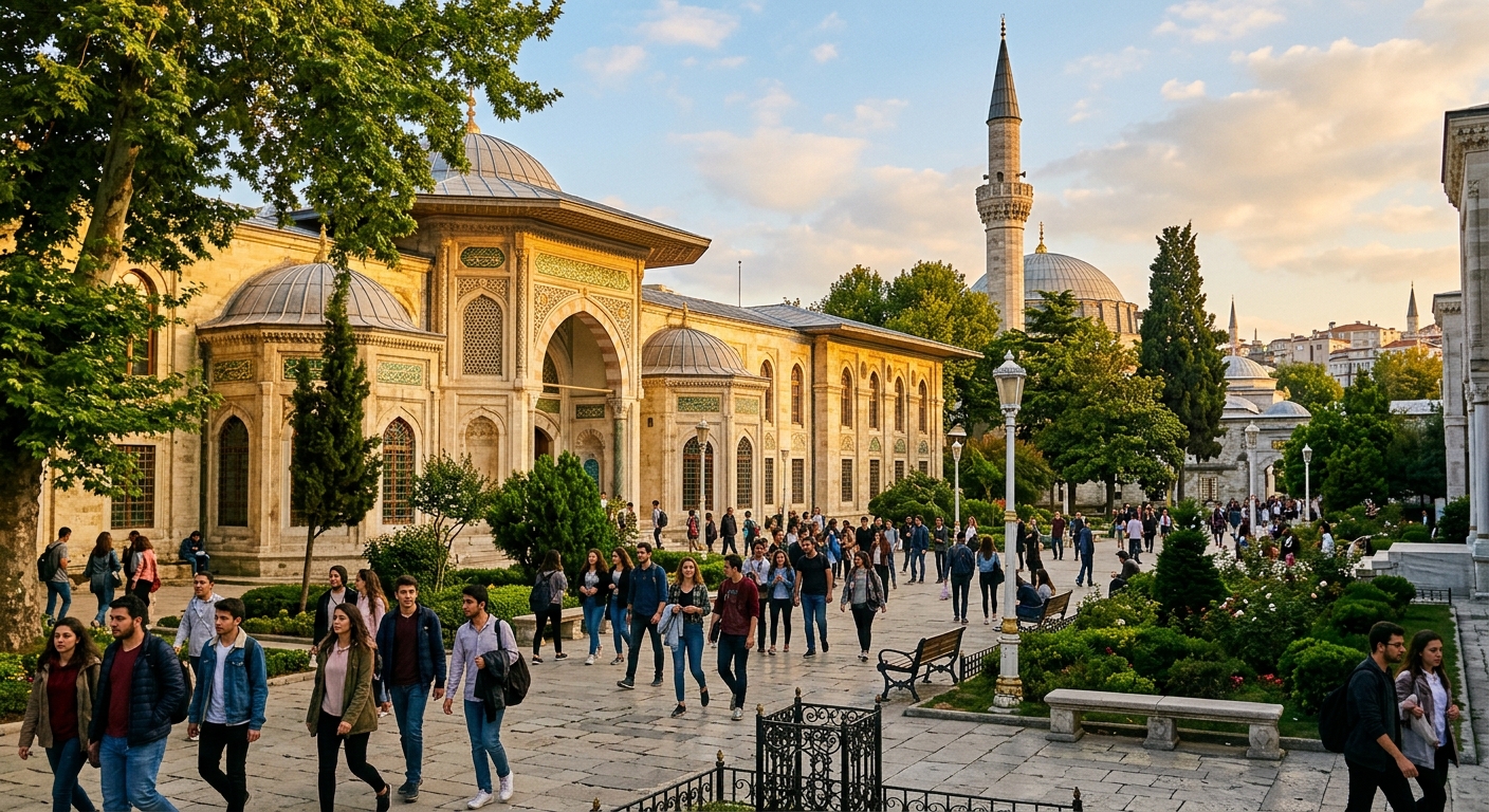 Historic Istanbul university campus with Ottoman-inspired architecture, students walking through courtyard with arabesque details, lush green trees and minaret visible in background, warm golden hour lighting
