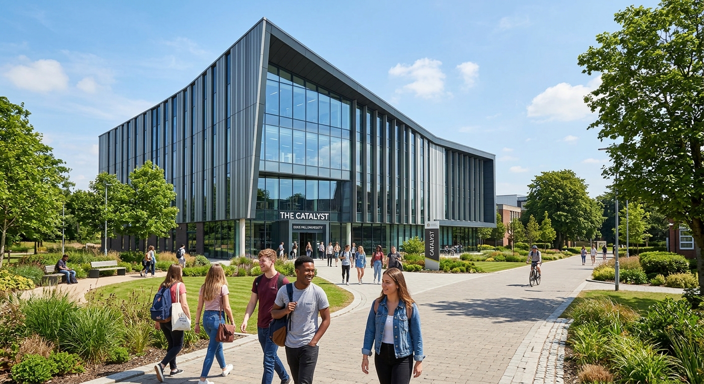 The Catalyst building at Edge Hill University, modern multi-storey glass and steel library and learning hub, students walking on landscaped pathways, sunny day