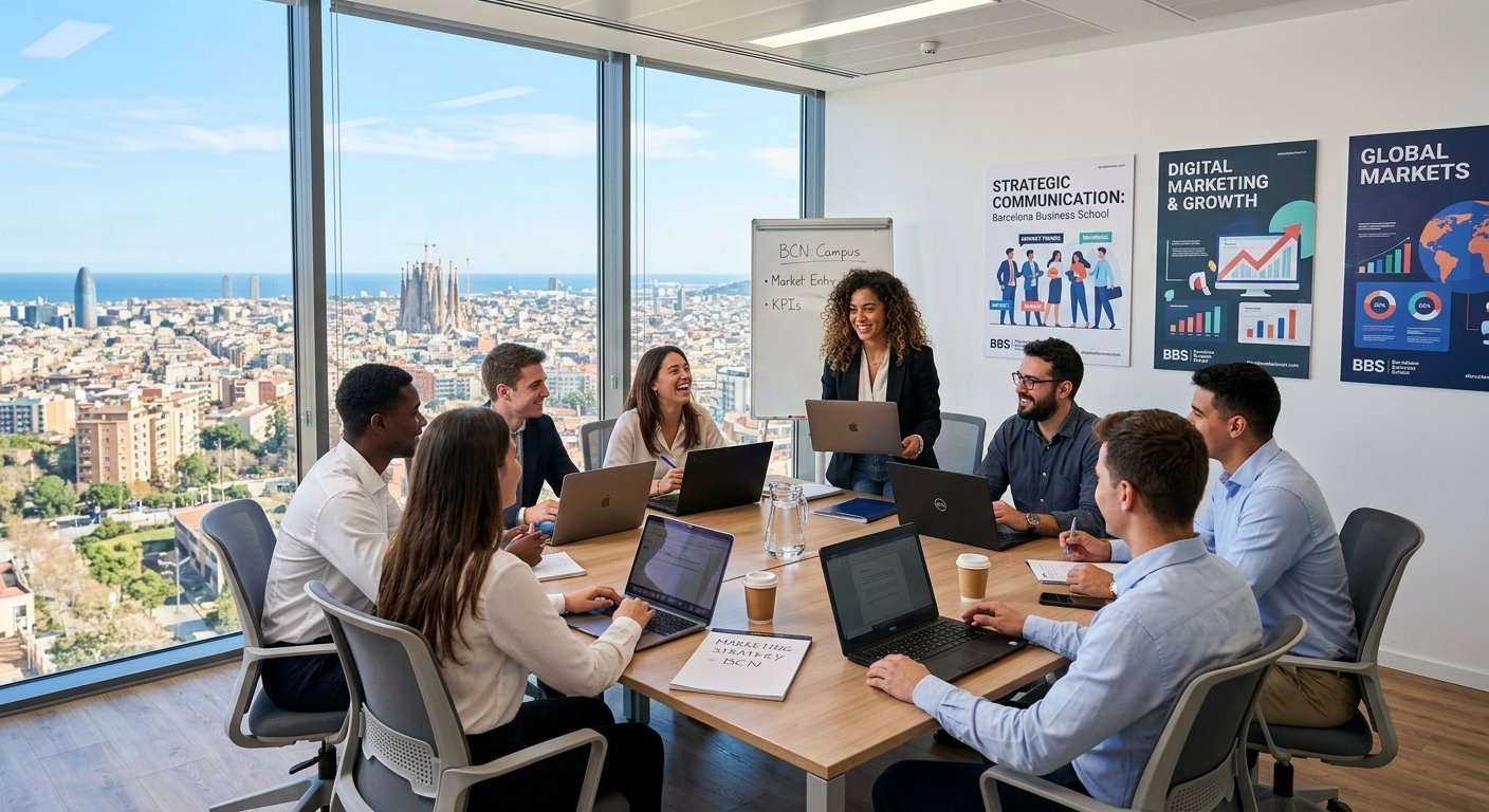 Modern business school campus in Barcelona Spain, students collaborating in a bright contemporary seminar room with large windows overlooking Mediterranean cityscape, professional communication and marketing posters on walls