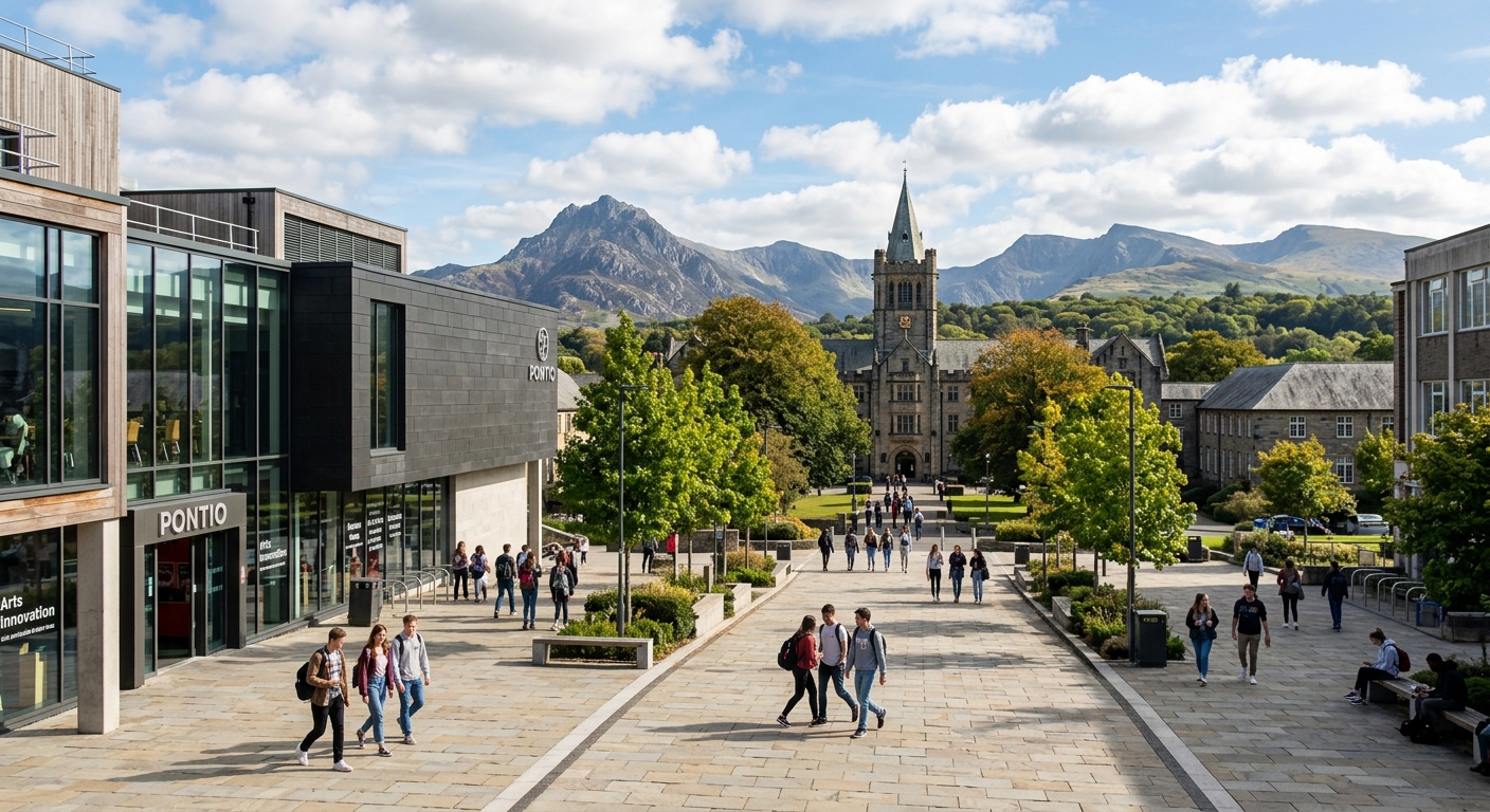 Bangor University campus with Pontio Arts Centre in the foreground, dramatic Snowdonia mountains in the background, students walking across a modern courtyard on a bright day