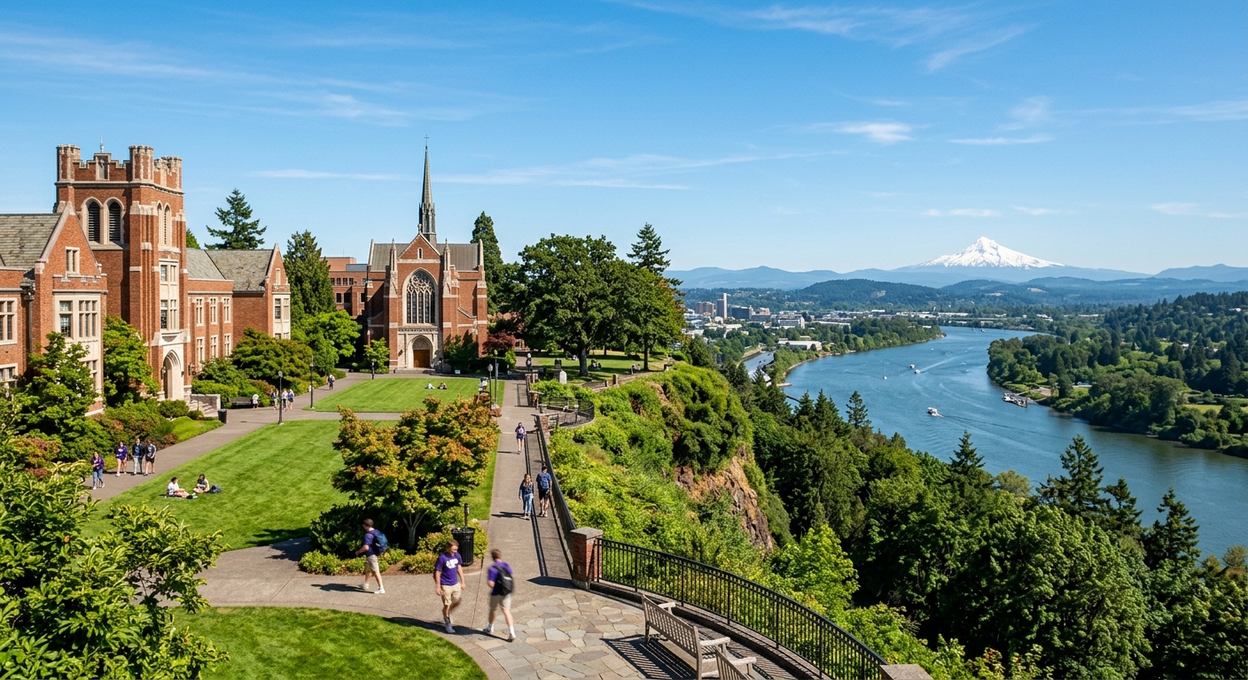 University of Portland campus bluff overlooking the Willamette River with Gothic-style brick buildings, green lawns, and Mount St. Helens visible in the background under a clear Pacific Northwest sky