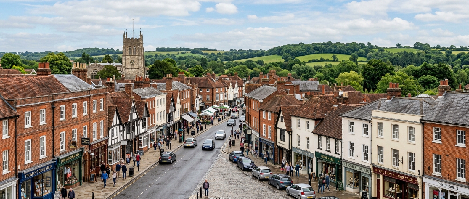 Panoramic view of Farnham town centre in Surrey, historic Georgian high street with independent shops, green hills in background, English countryside setting