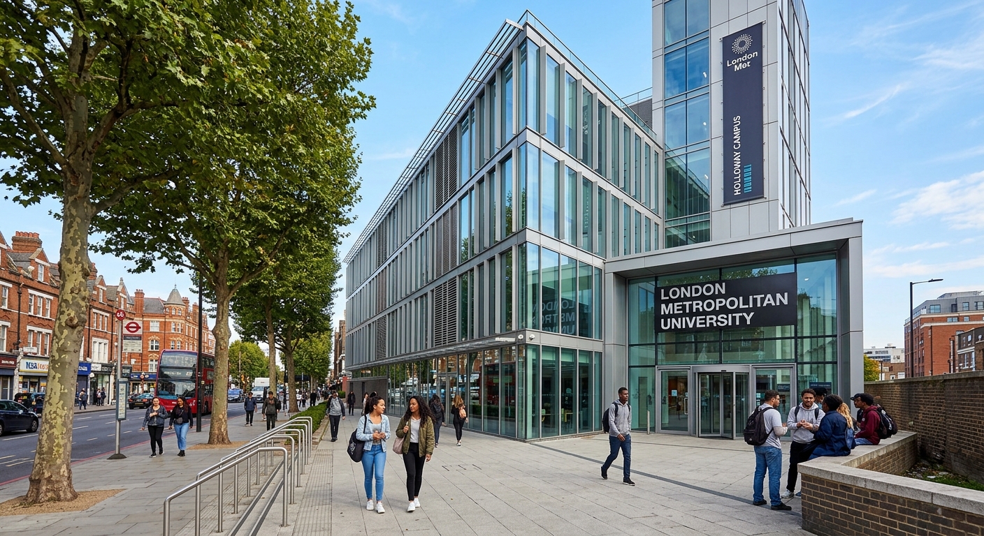 Modern London Metropolitan University Holloway campus building with glass facade, students walking outside, North London urban setting with trees and clear sky