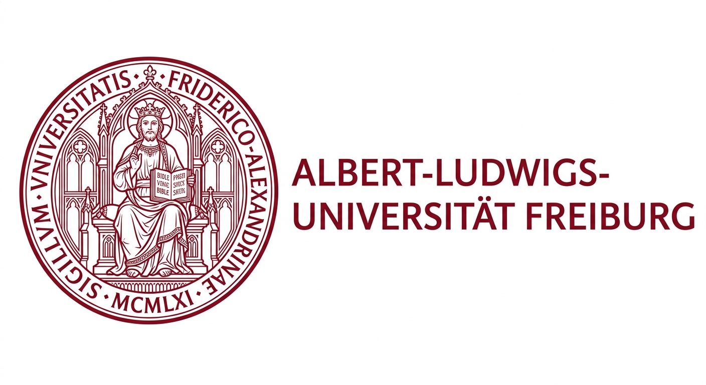 University of Freiburg official logo featuring the historic seal with Christ on a gothic throne, red and white color scheme, and the text Albert-Ludwigs-Universität Freiburg